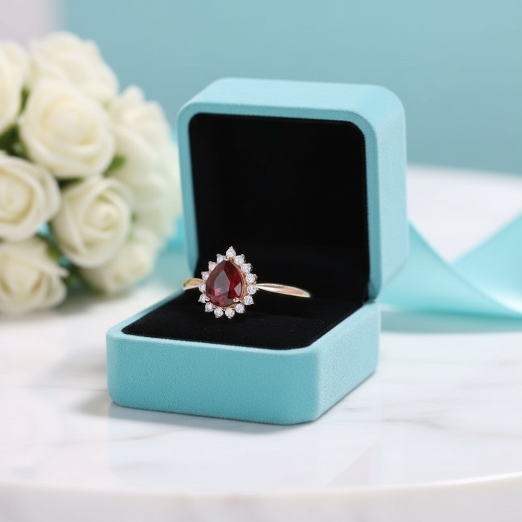Pear Cut Ruby Birthstone Moissanite 14K Rose Gold Halo Engagement Ring-Evani Jewelry