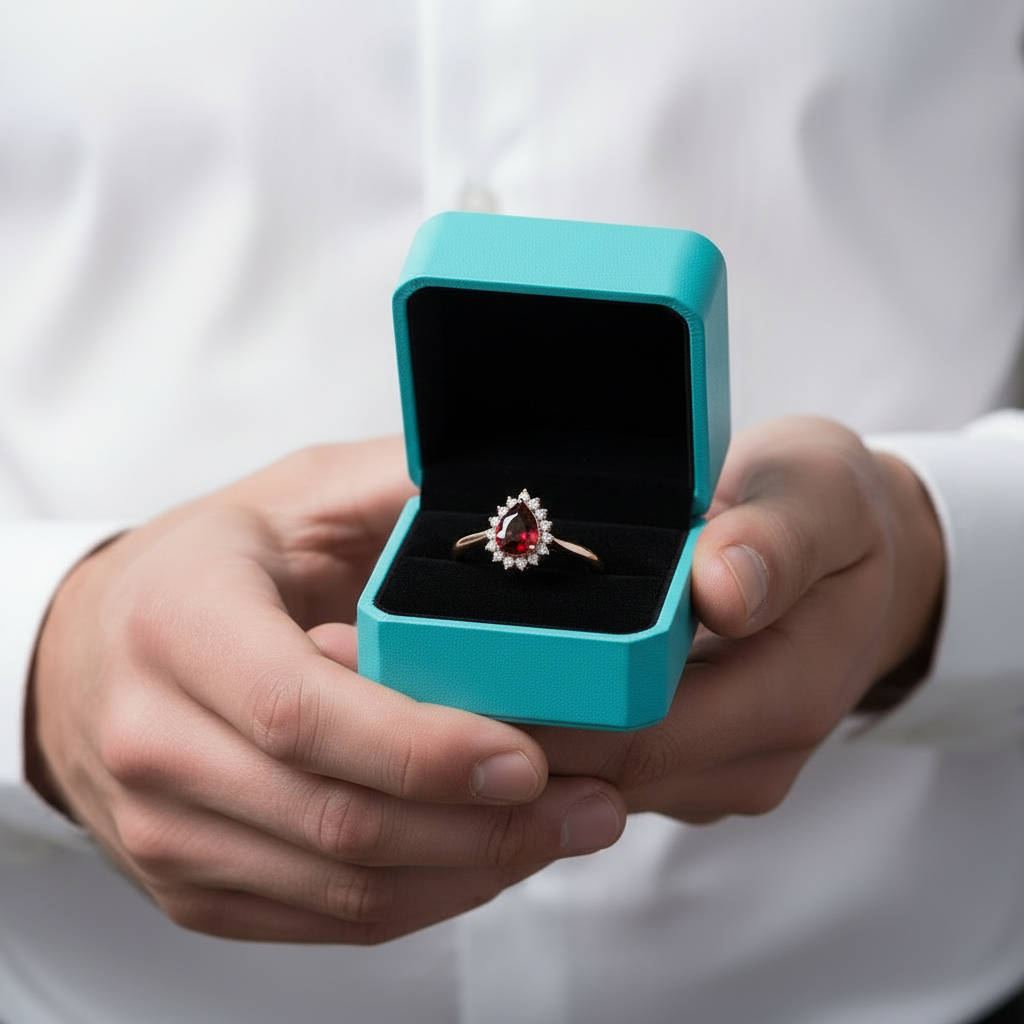 Pear Cut Ruby Birthstone Moissanite 14K Rose Gold Halo Engagement Ring-Evani Jewelry