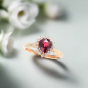 Pear Cut Garnet Diamond 14K Rose Gold Halo Engagement Ring-Evani Naomi Jewelry