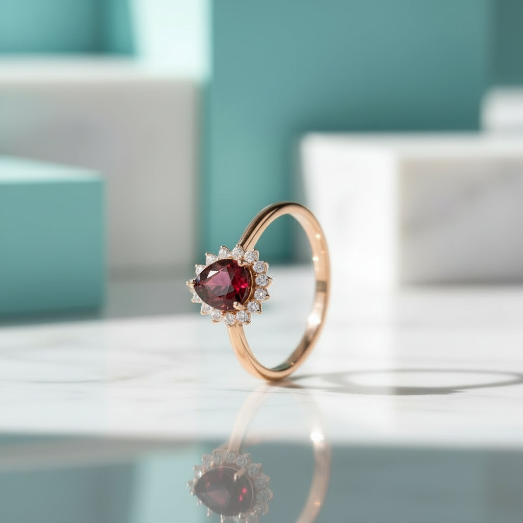 Pear Cut Ruby Birthstone Moissanite 14K Rose Gold Halo Engagement Ring-Evani Jewelry
