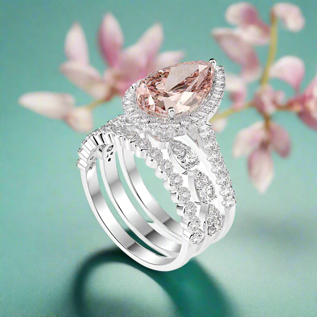 Pear Cut Synthetic Morganite with Halo 3Pcs Bridal Set-Evani Naomi Jewelry