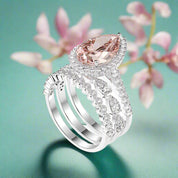 Pear Cut Synthetic Morganite with Halo 3Pcs Bridal Set-Evani Naomi Jewelry