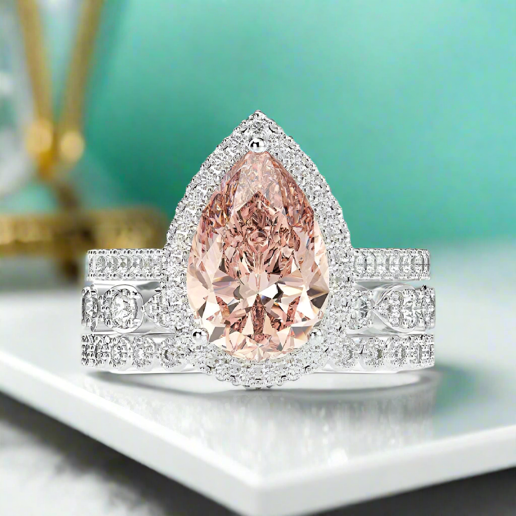 Pear Cut Synthetic Morganite with Halo 3Pcs Bridal Set-Evani Naomi Jewelry