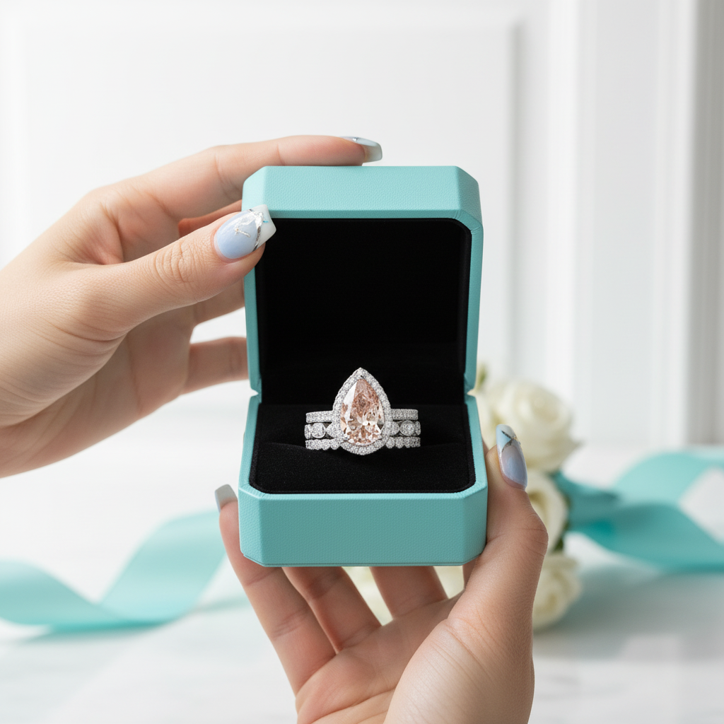 Pear Cut Synthetic Morganite with Halo 3Pcs Bridal Set