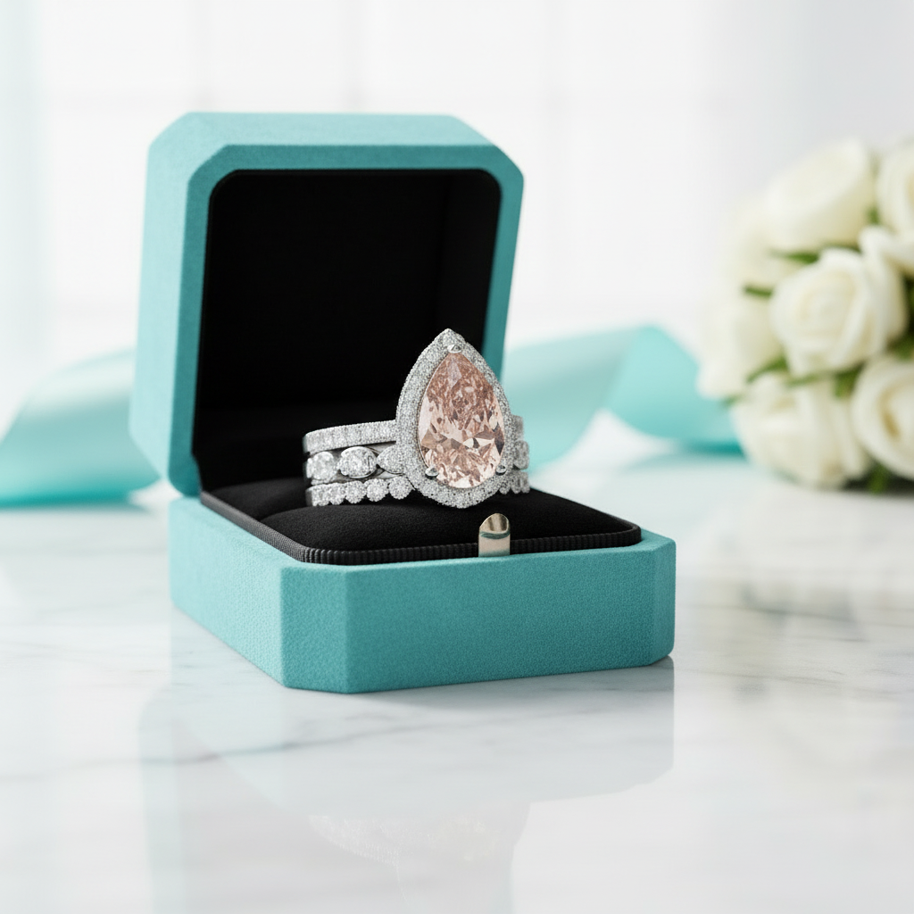 Pear Cut Synthetic Morganite with Halo 3Pcs Bridal Set