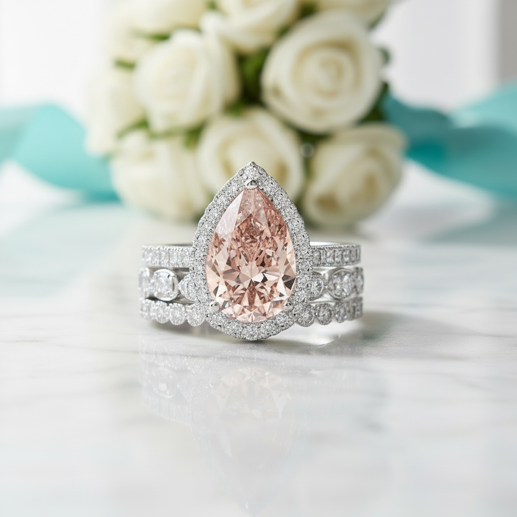 Pear Cut Synthetic Morganite with Halo 3Pcs Bridal Set - Evani Naomi Jewelry