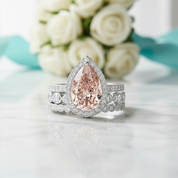 Pear Cut Synthetic Morganite with Halo 3Pcs Bridal Set