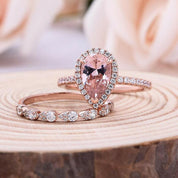 Pear Cut Synthetic Morganite with Halo Bridal Set-Evani Naomi Jewelry