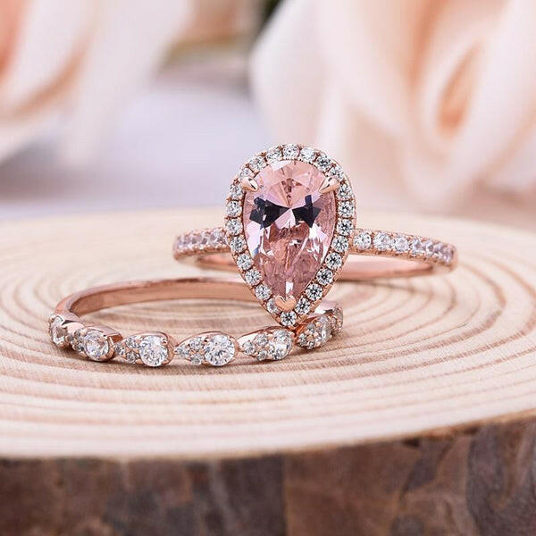 Pear Cut Synthetic Morganite with Halo Bridal Set-Evani Naomi Jewelry
