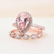 Pear Cut Synthetic Morganite with Halo Bridal Set-Evani Naomi Jewelry