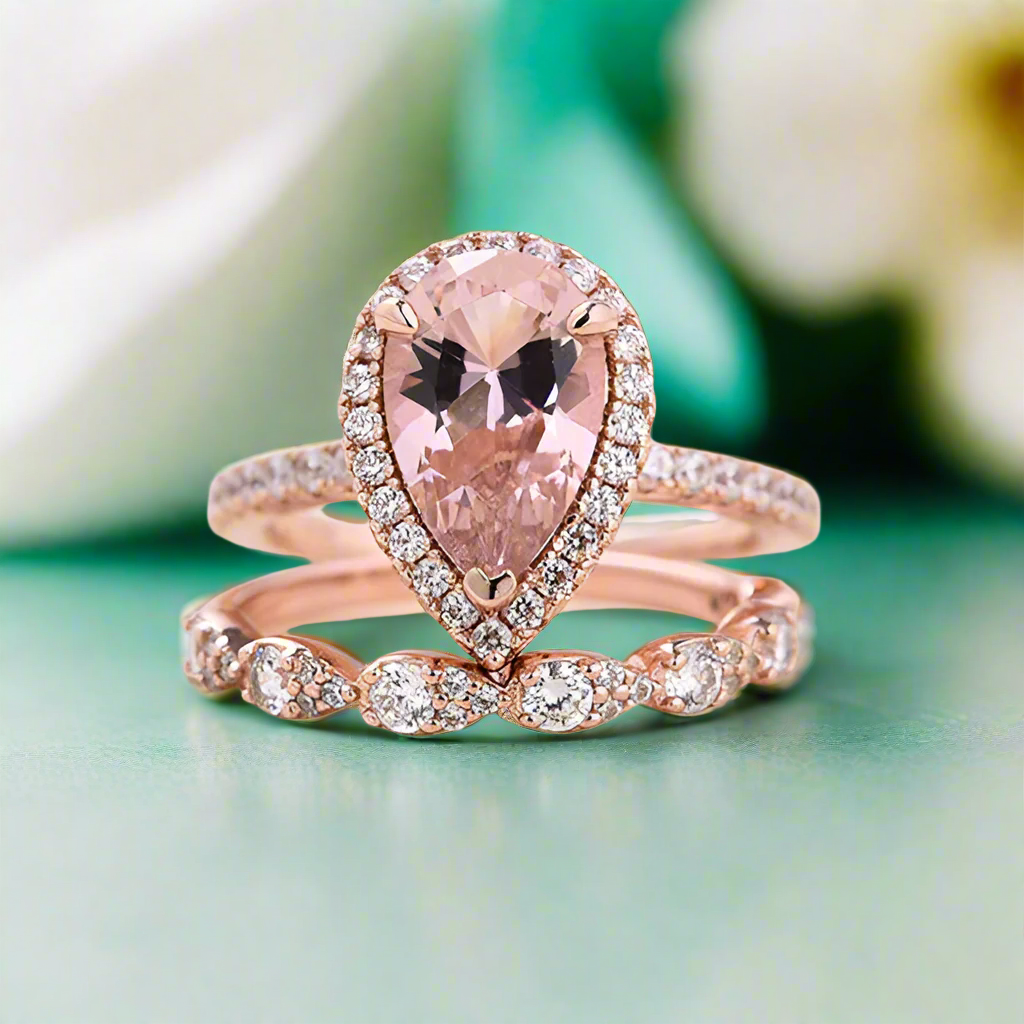 Pear Cut Synthetic Morganite with Halo Bridal Set-Evani Naomi Jewelry