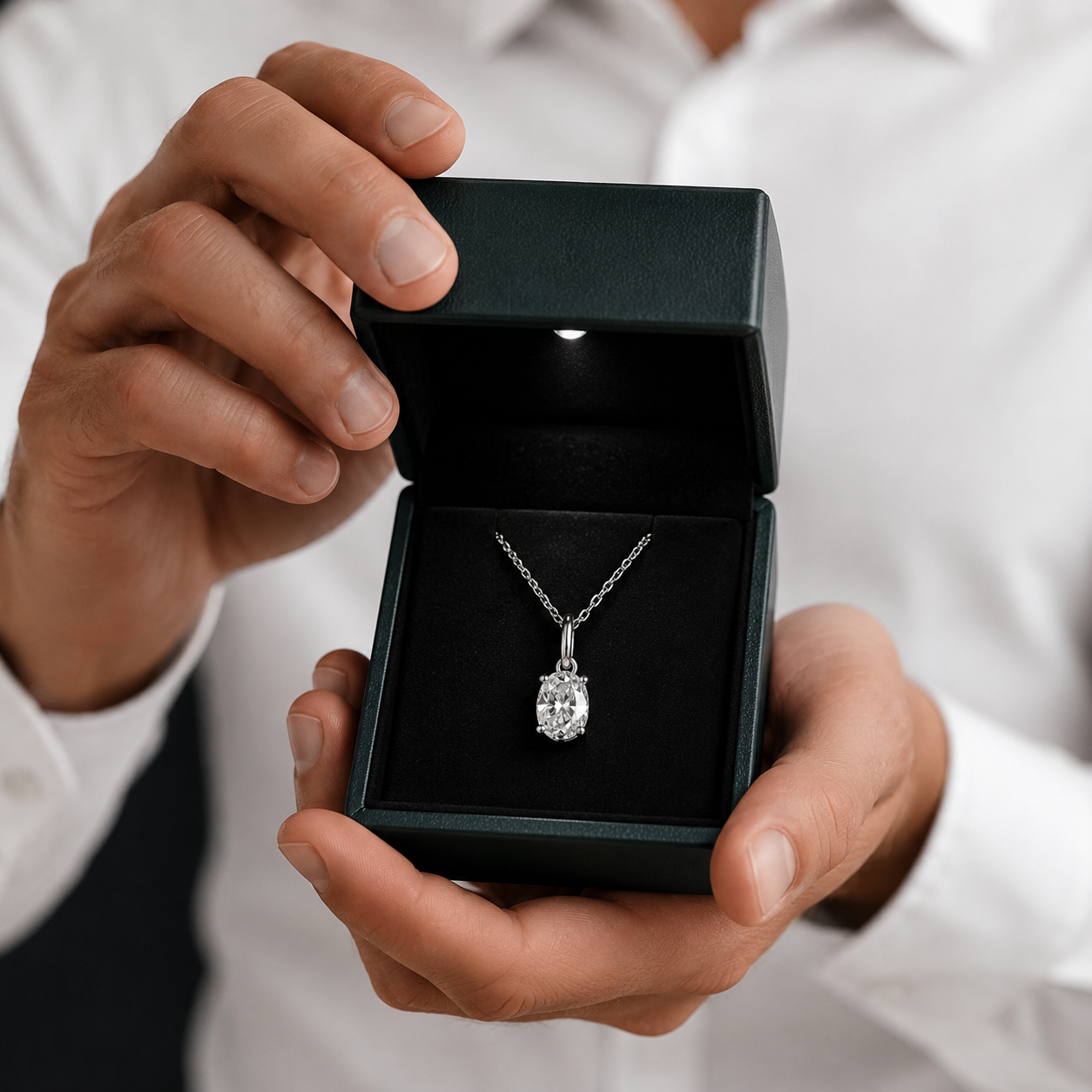 Person holding a black jewelry box with a diamond necklace inside
