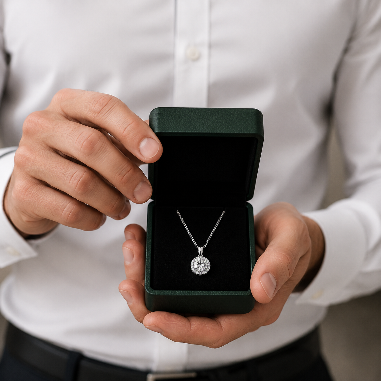 Person holding a diamond necklace in an open jewelry box