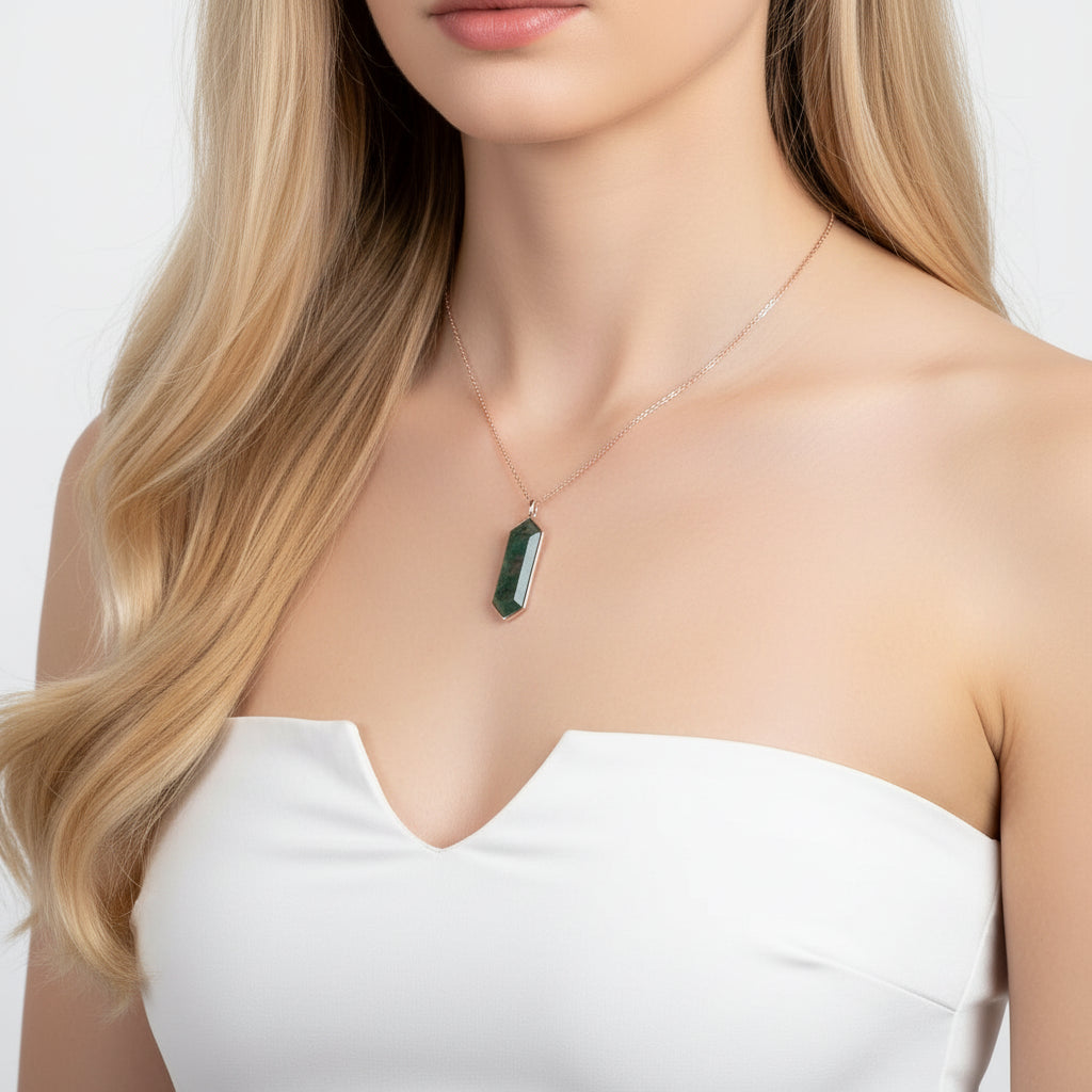 Unbroken Trail- Geometry Cut Moss Agate Necklace-Evani Jewelry