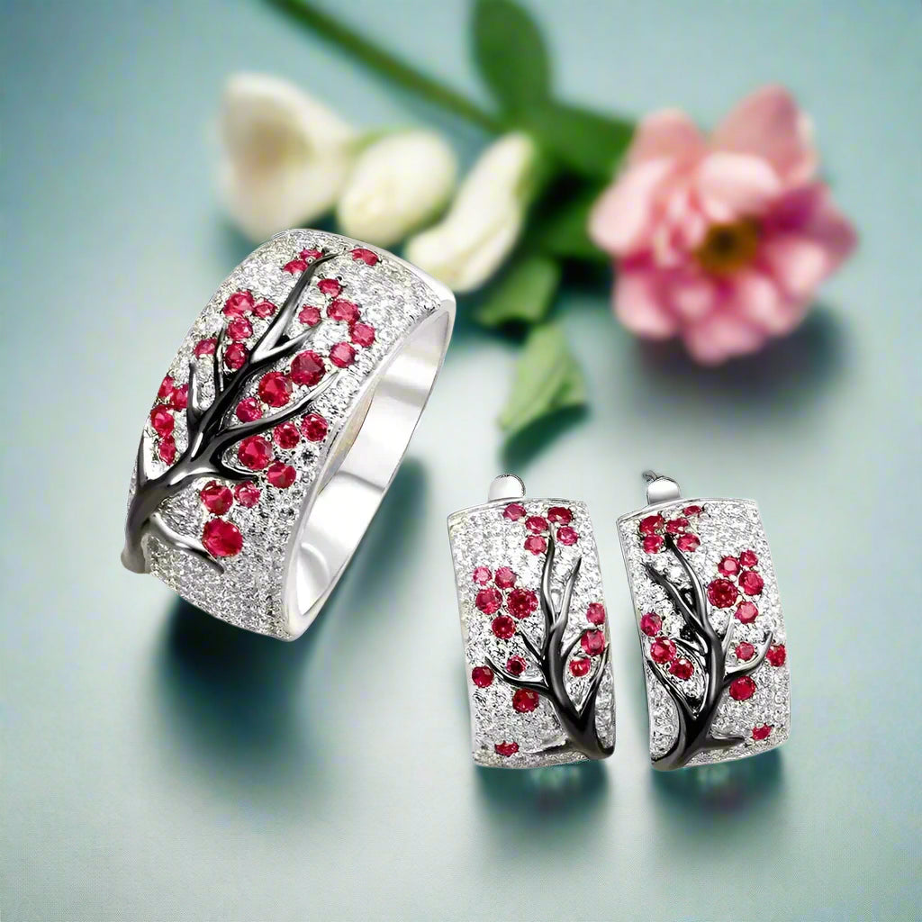 Pink Sakura Tree Earrings and Ring Set-Evani Naomi Jewelry