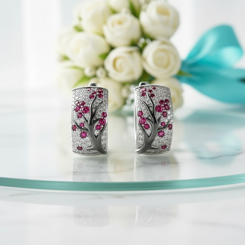 Ruby Birthstone Stones Sakura Tree Earrings and Ring Set-Evani Jewelry