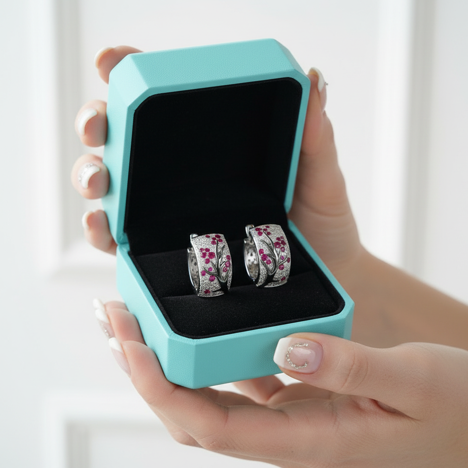 Ruby Birthstone Stones Sakura Tree Earrings and Ring Set-Evani Jewelry