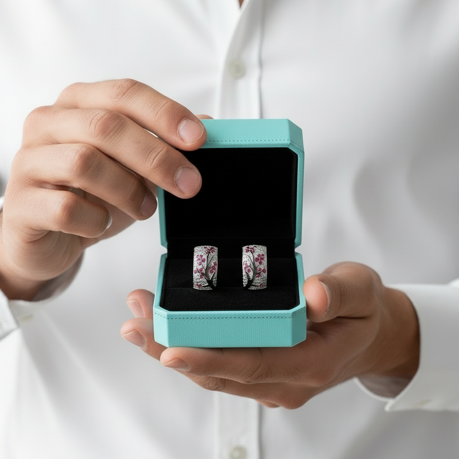 Ruby Birthstone Stones Sakura Tree Earrings and Ring Set-Evani Jewelry