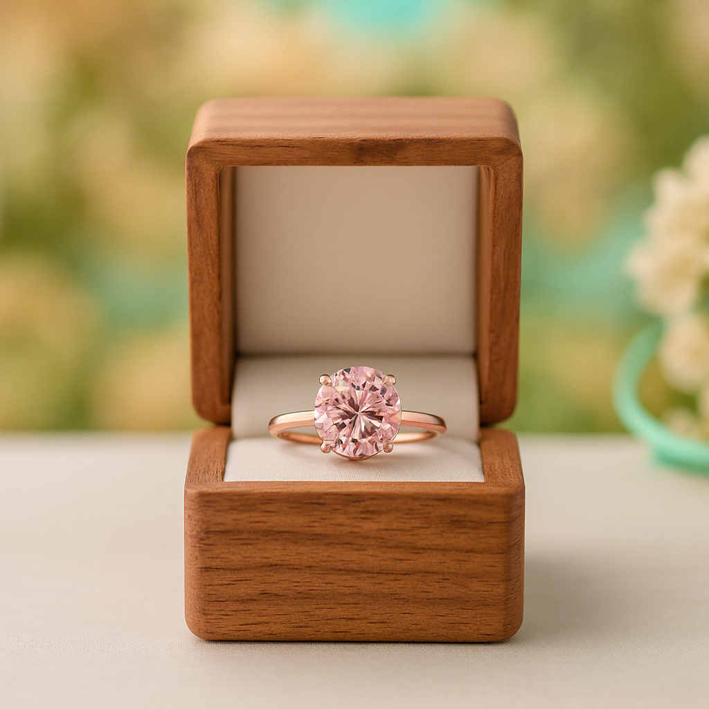 Pink diamond ring in a wooden box with a blurred background