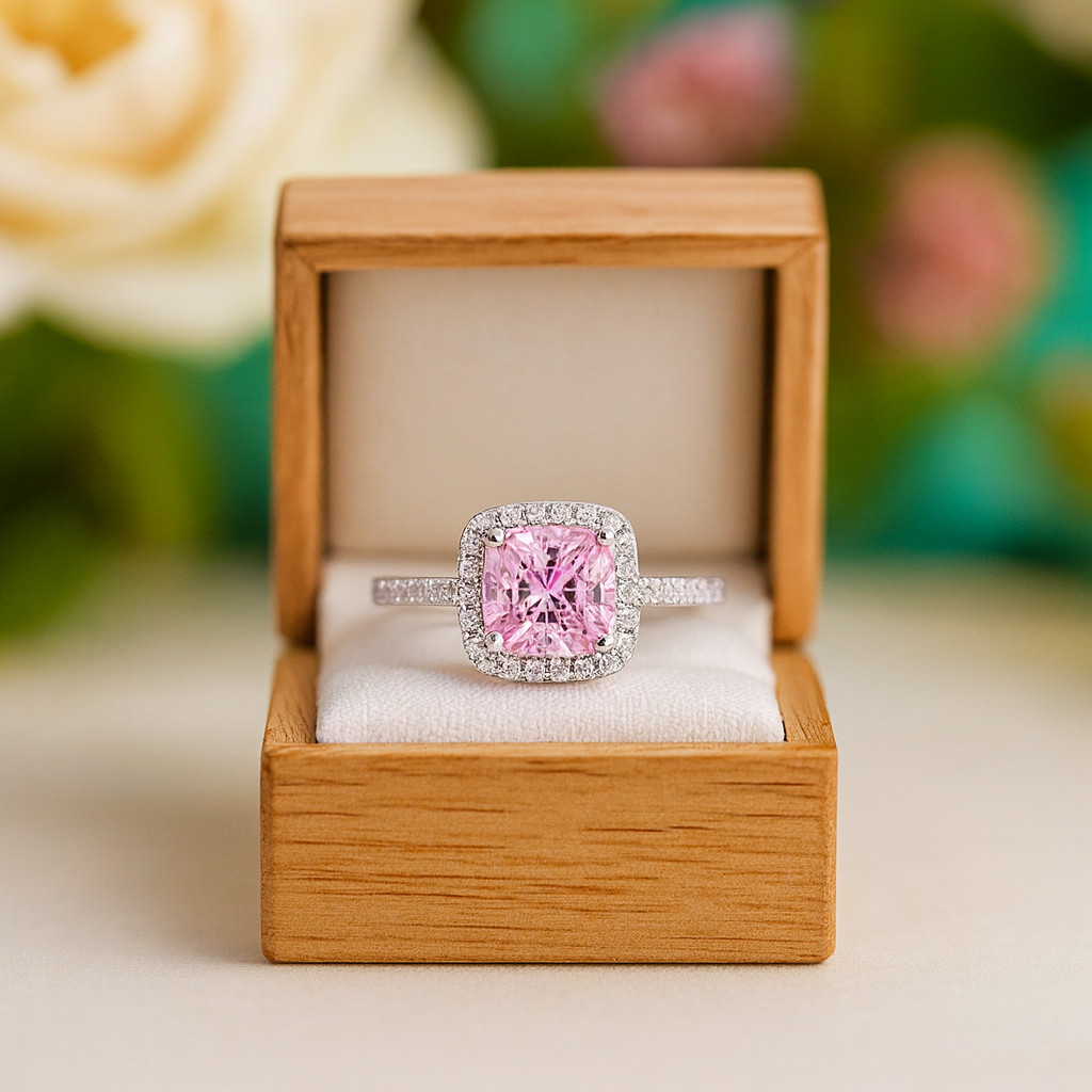 Pink diamond ring in a wooden box with a blurred floral background