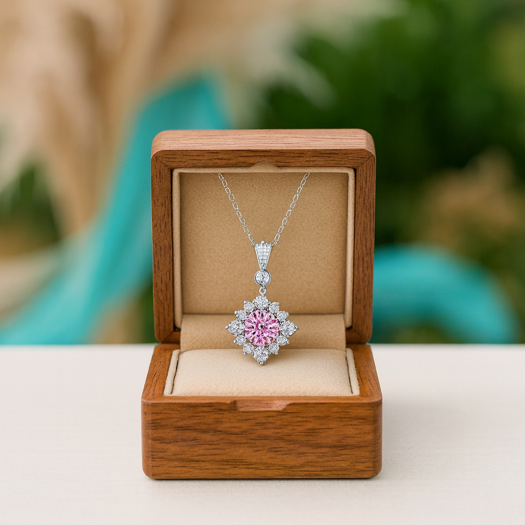 Pink floral pendant necklace in a wooden box with a blurred natural background