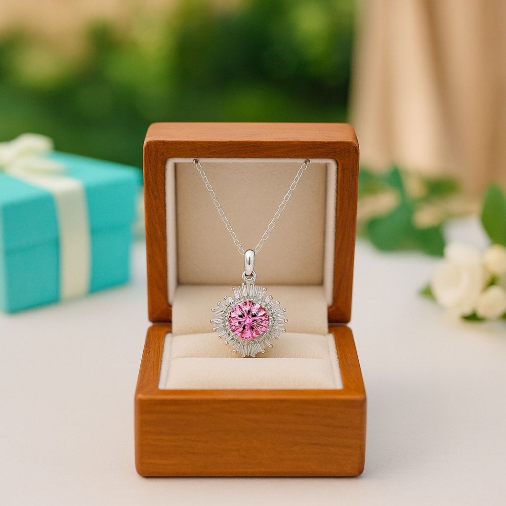 Pink gemstone necklace in a wooden jewelry box with a blurred background