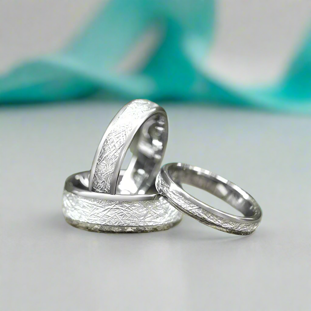 Polished Domed Tungsten Wedding Band with Meteorite Inlay-Evani Naomi Jewelry