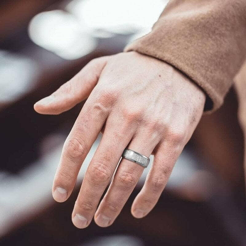 Polished Domed Tungsten Wedding Band with Meteorite Inlay-Evani Naomi Jewelry