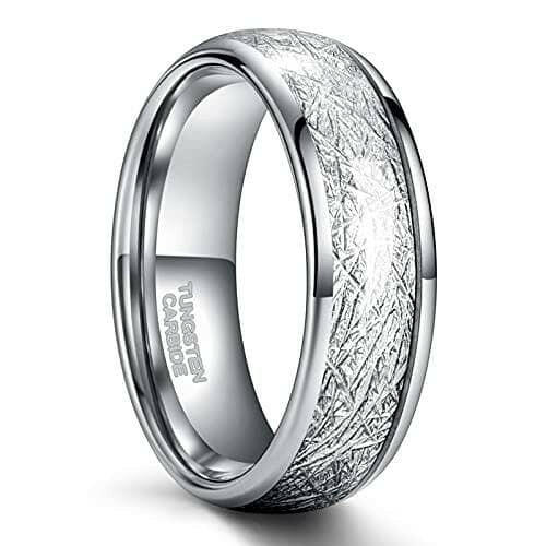 Polished Domed Tungsten Wedding Band with Meteorite Inlay-Evani Jewelry