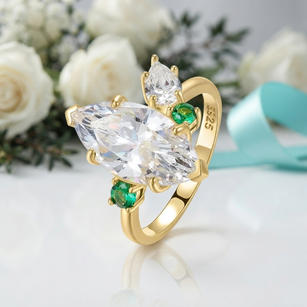 A gold ring with a large marquise-cut clear center stone and two small green emerald-cut side stones, displayed on a white surface with blurred white roses and a light blue ribbon in the background.