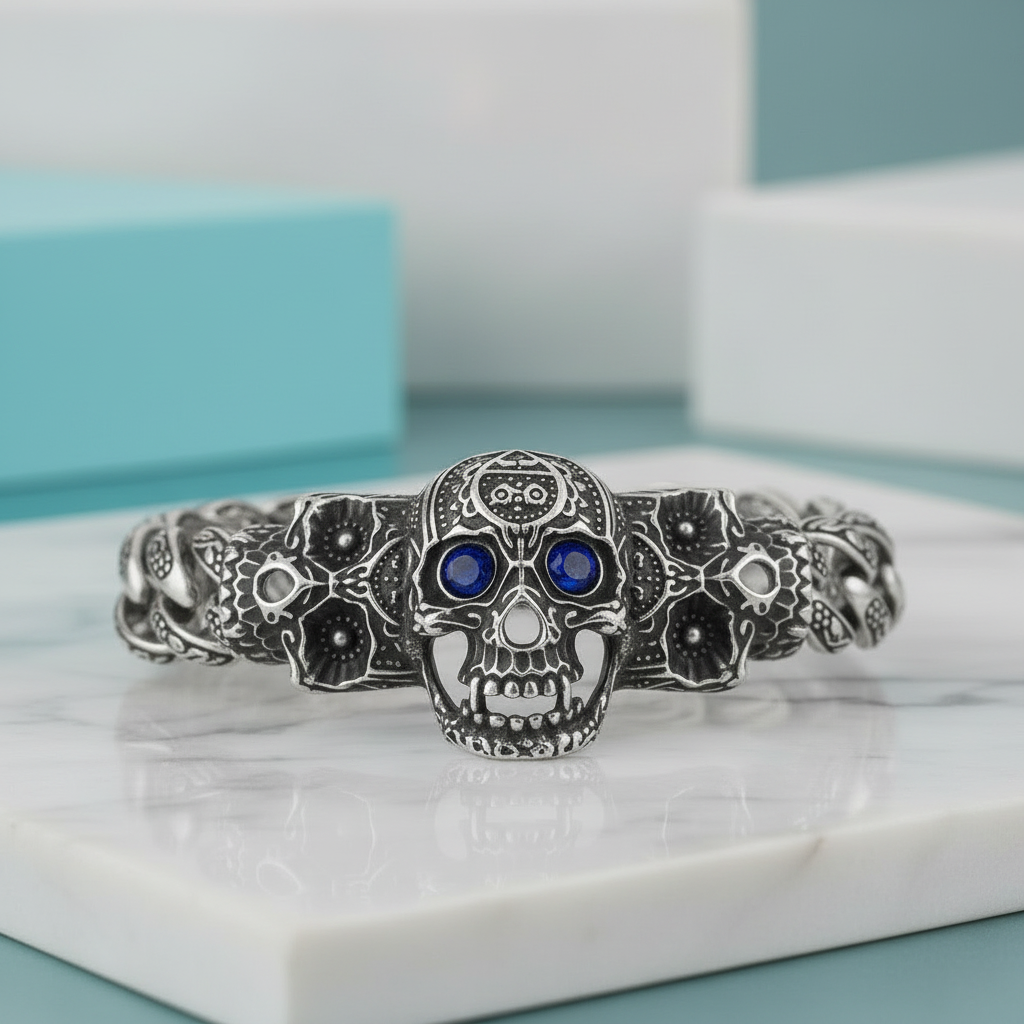 Punk Blue Sapphire Skull Gothic Bracelet-Evani Jewelry
