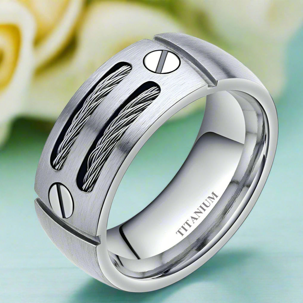 Punk Titanium Men's Wedding Band with Stainless Steel Cable-Evani Naomi Jewelry