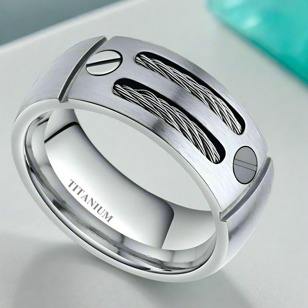 Punk Titanium Men's Wedding Band with Stainless Steel Cable-Evani Naomi Jewelry