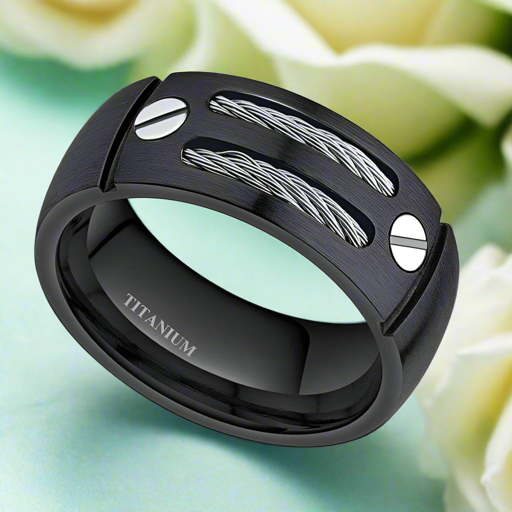 Punk Titanium Men's Wedding Band with Stainless Steel Cable-Evani Jewelry