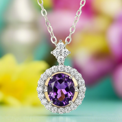 Purple gemstone necklace with gold and silver details against a colorful blurred background