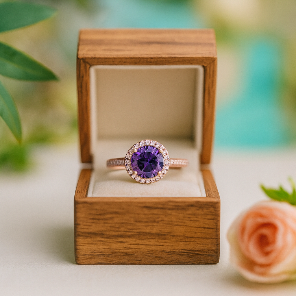 Purple gemstone ring in a wooden box with a blurred floral background