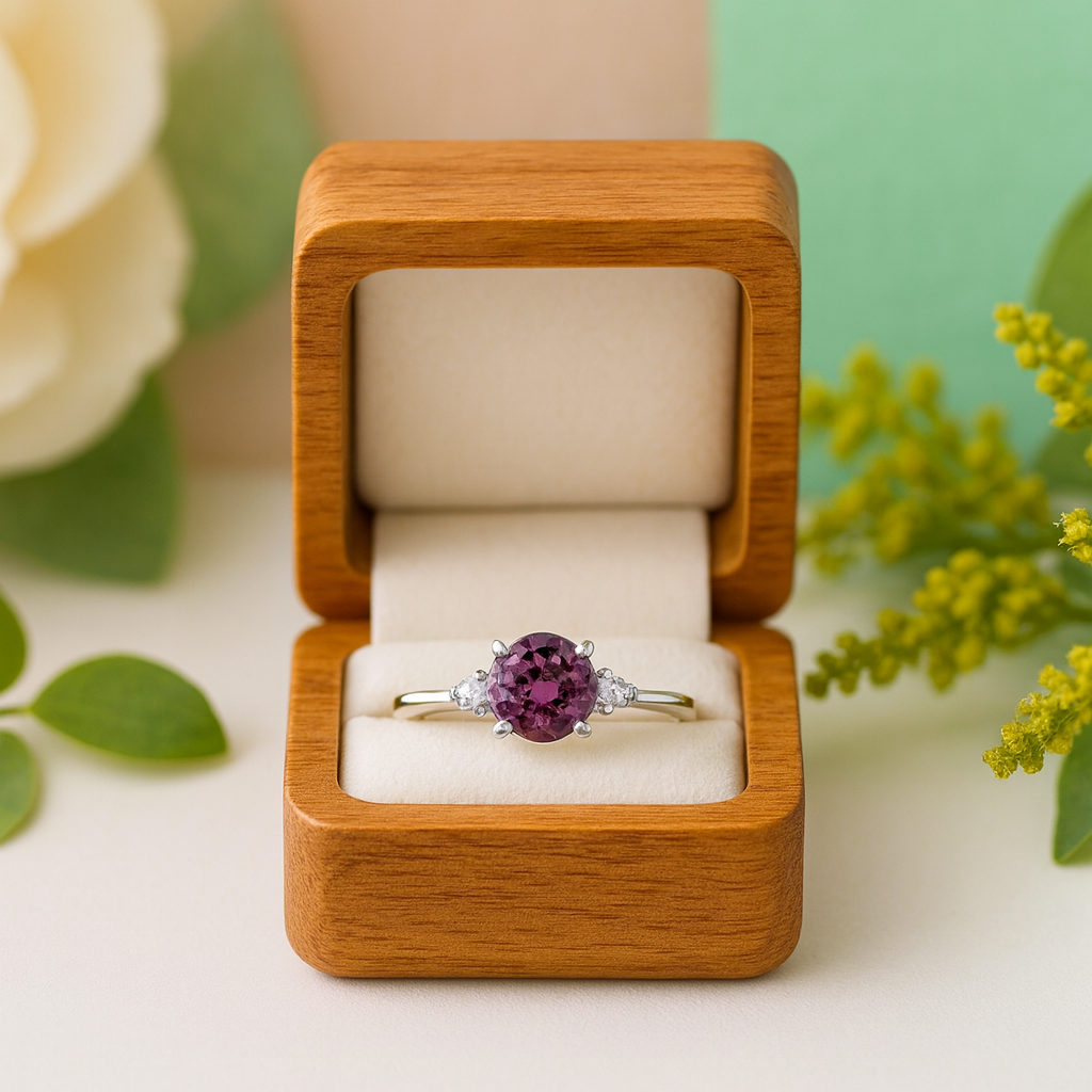 Purple gemstone ring in a wooden box with floral background