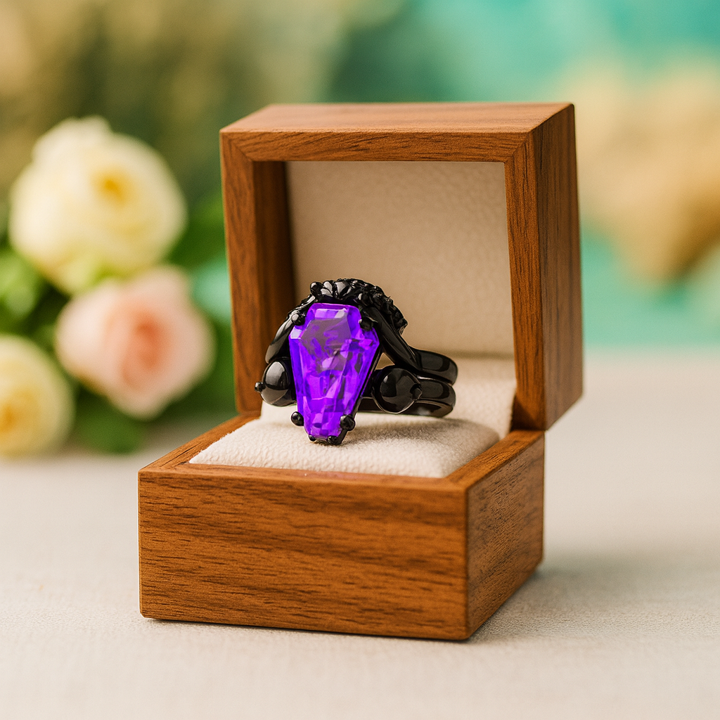 Purple gemstone ring in a wooden box with flowers in the background