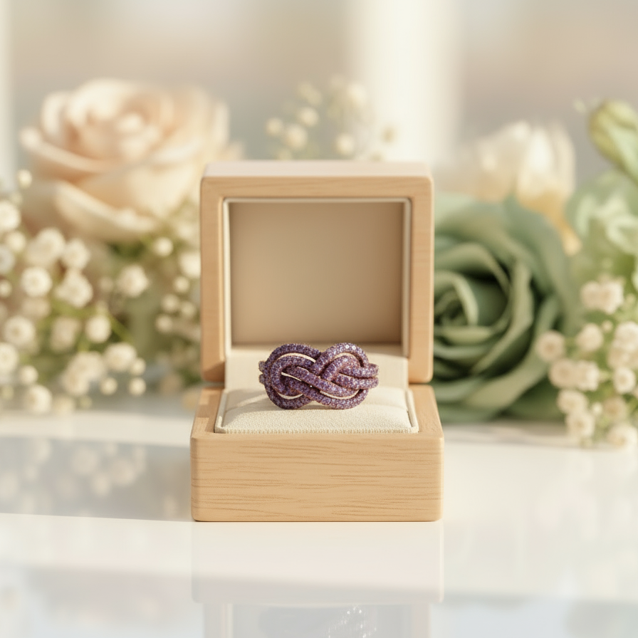 Purple_knot-shaped_ring_on_a_light_green_background_with_a_blurred_pink_flower_in_the_background_806d2356-bf77-48d7-a601-4b12d95f5950.png