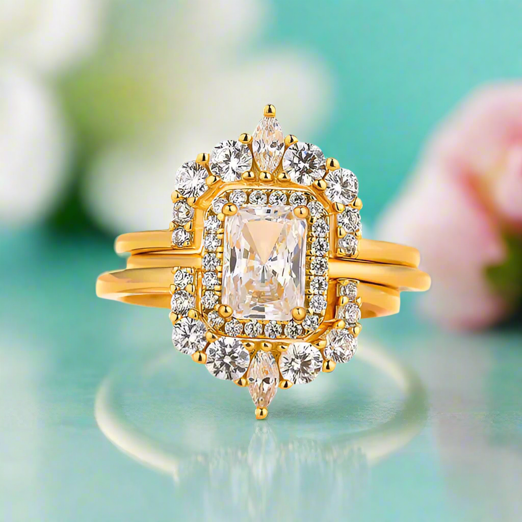 Radiant Cut 3pcs Yellow Gold Bridal Set-Evani Jewelry