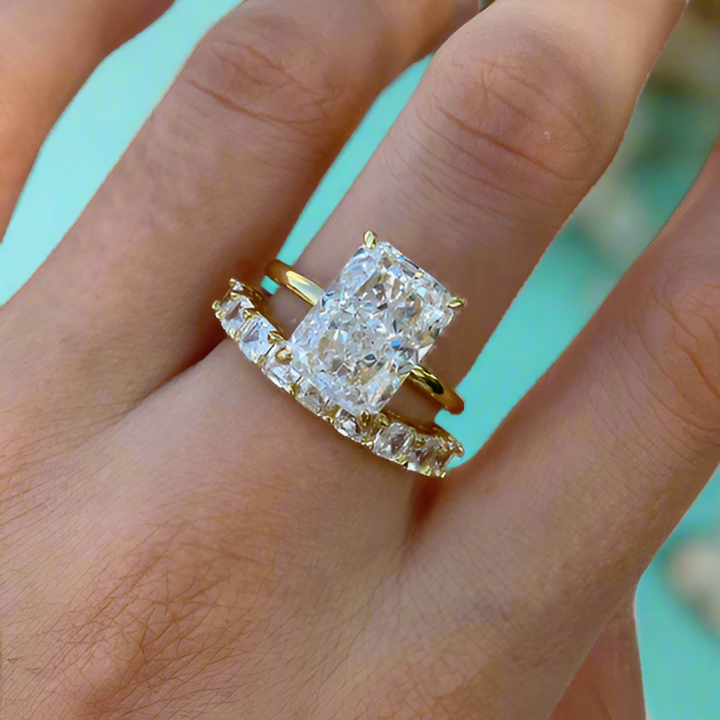 Radiant Cut 5.0ct Yellow Gold Bridal Ring Set-Evani Naomi Jewelry