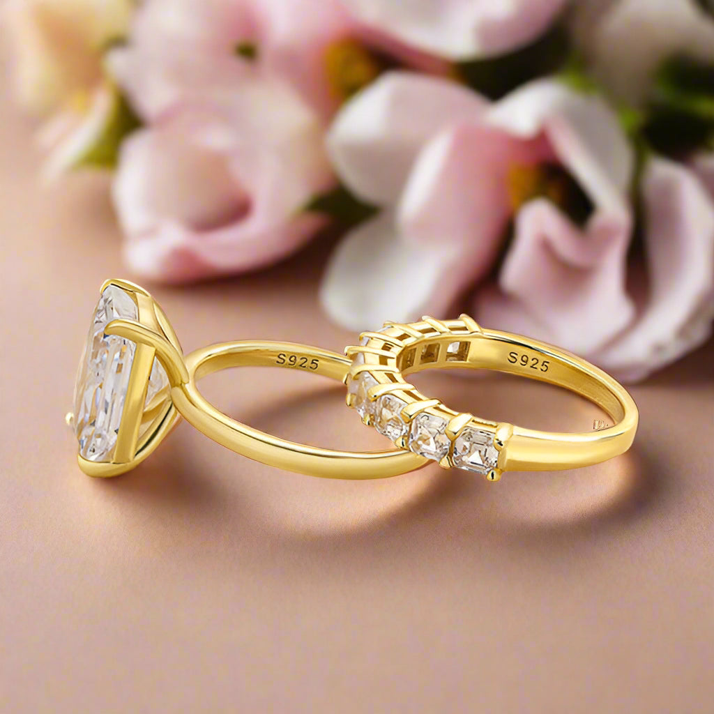 Radiant Cut 5.0ct Yellow Gold Bridal Ring Set-Evani Naomi Jewelry