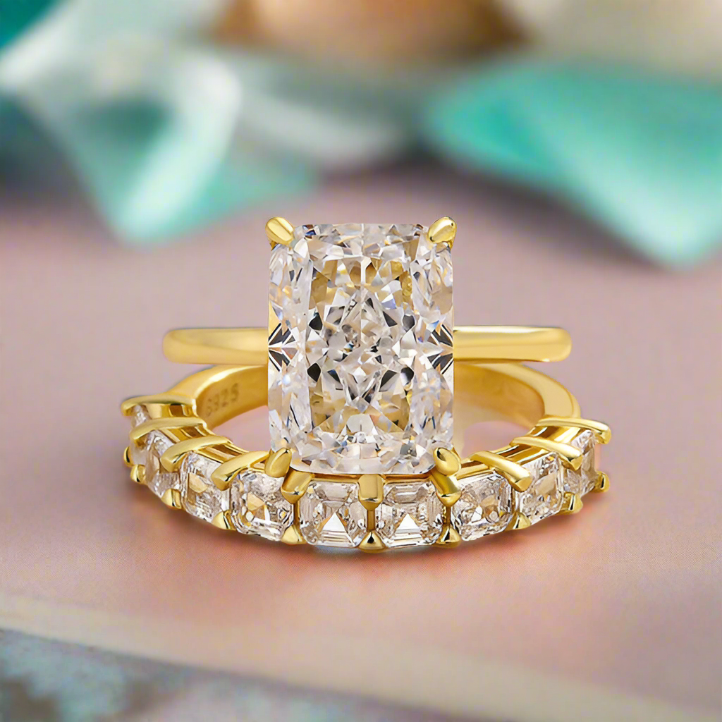 Radiant Cut 5.0ct Yellow Gold Bridal Ring Set-Evani Naomi Jewelry