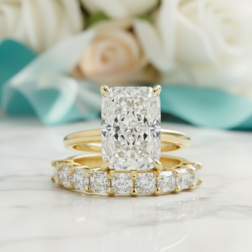 Diamond Radiant Cut 5.0ct Yellow Gold Bridal Ring Set-Evani Jewelry