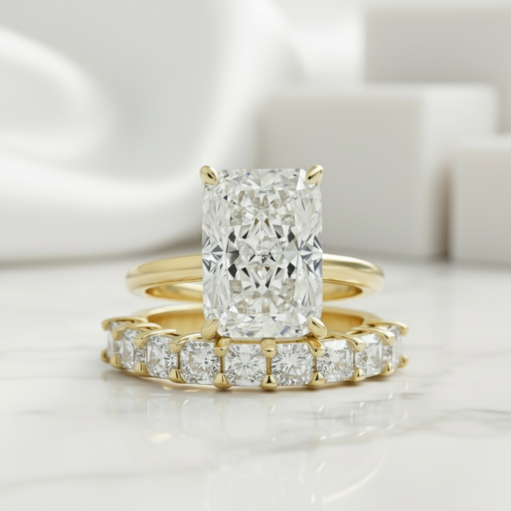Diamond Radiant Cut 5.0ct Yellow Gold Bridal Ring Set-Evani Jewelry