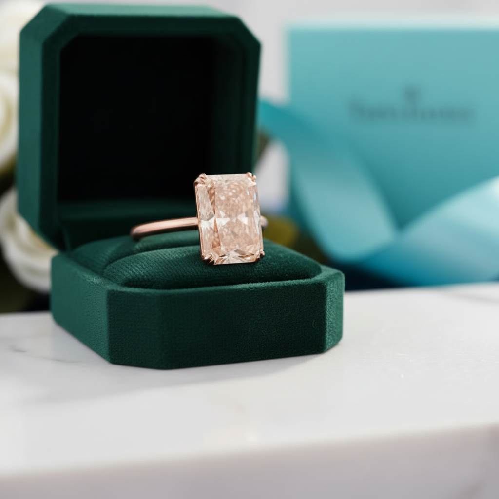 Radiant Cut Champagne Diamond Option Rose Gold Engagement Ring - Evani Naomi Jewelry