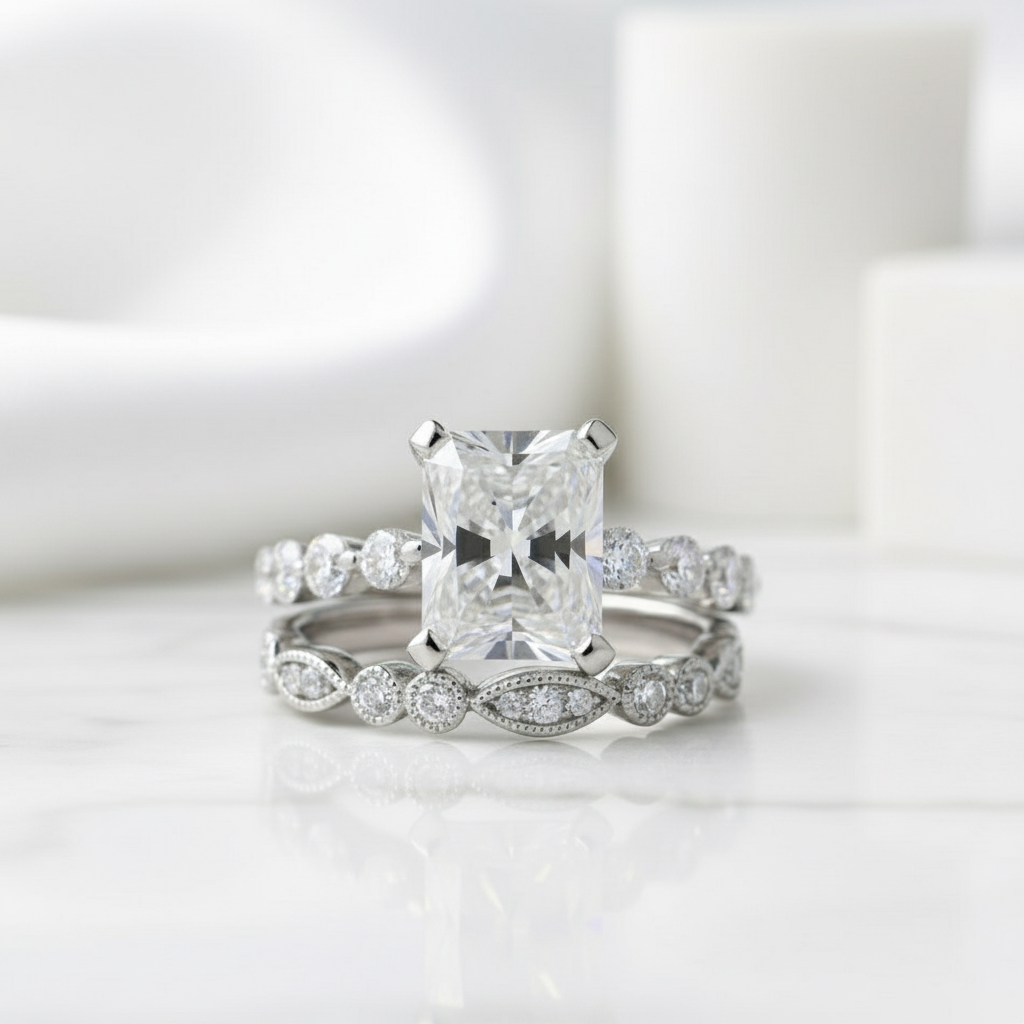 Radiant Cut Diamond Vintage Style White Gold Bridal Set-Evani Jewelry
