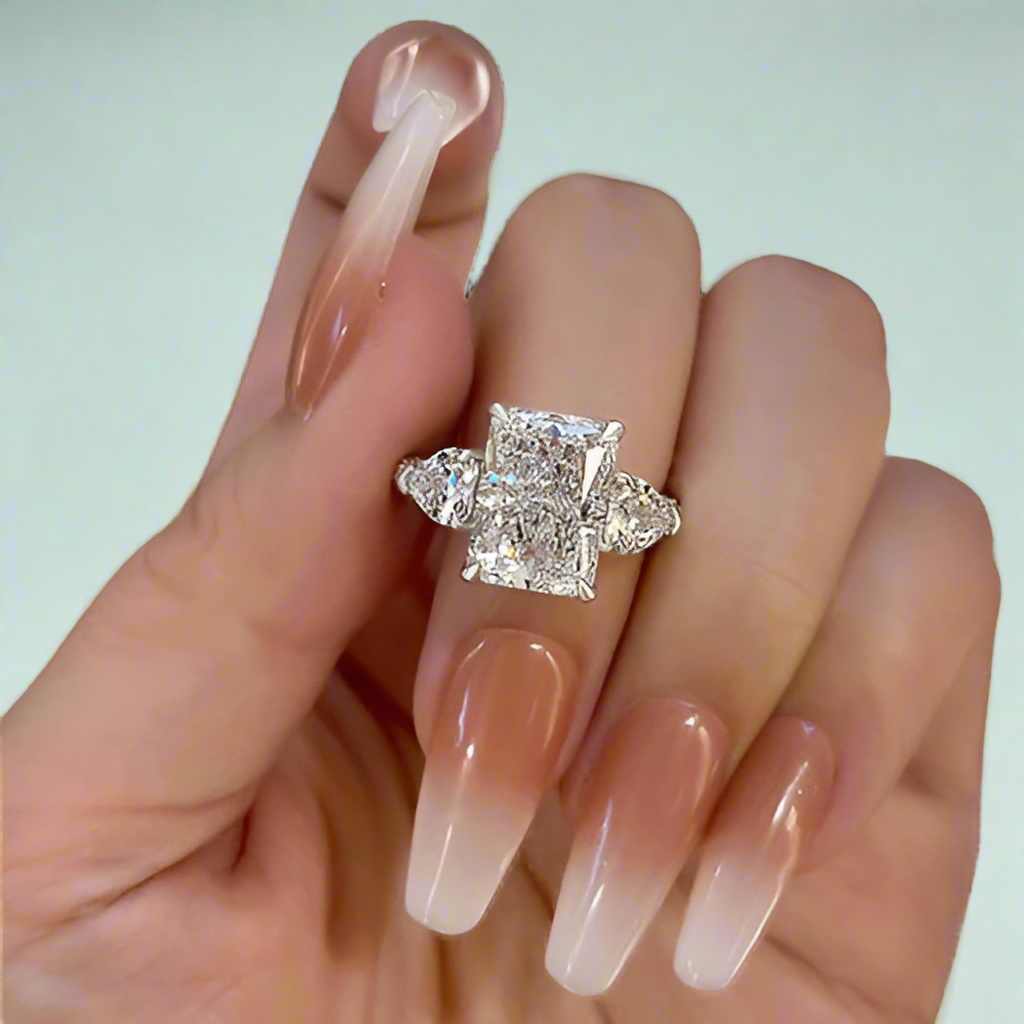 Radiant Cut & Heart Cut 3.0ct Diamond Three Stone Engagement Ring-Evani Naomi Jewelry