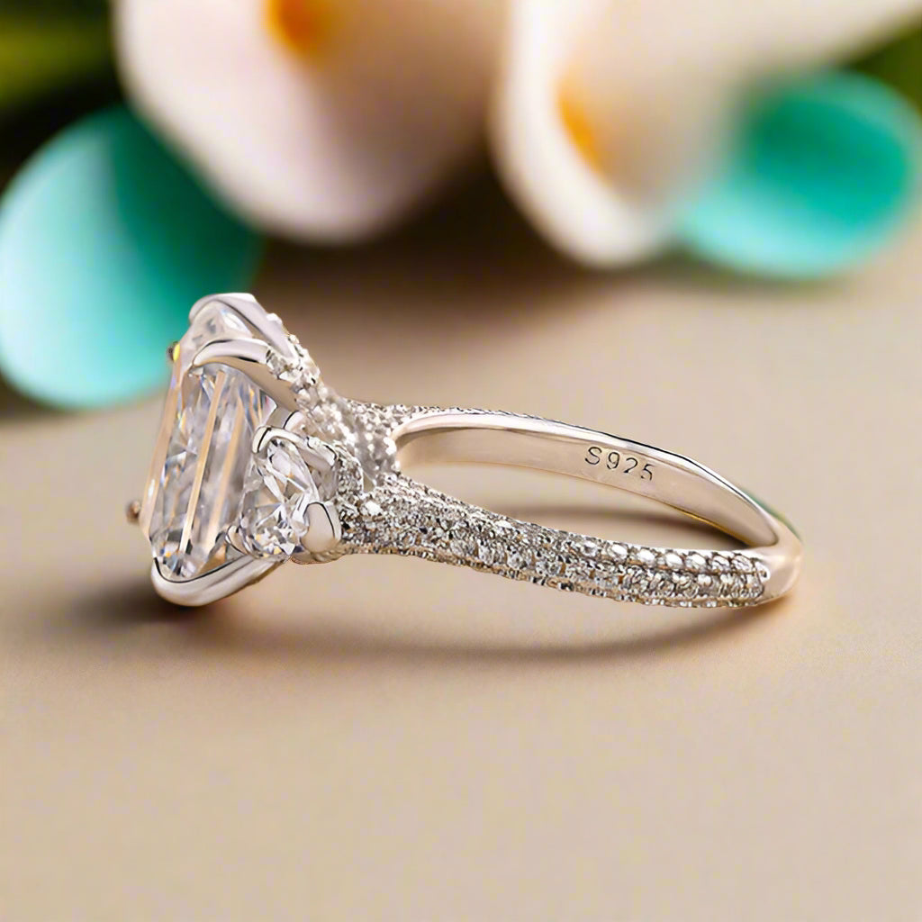 Radiant Cut & Heart Cut 3.0ct Diamond Three Stone Engagement Ring-Evani Naomi Jewelry