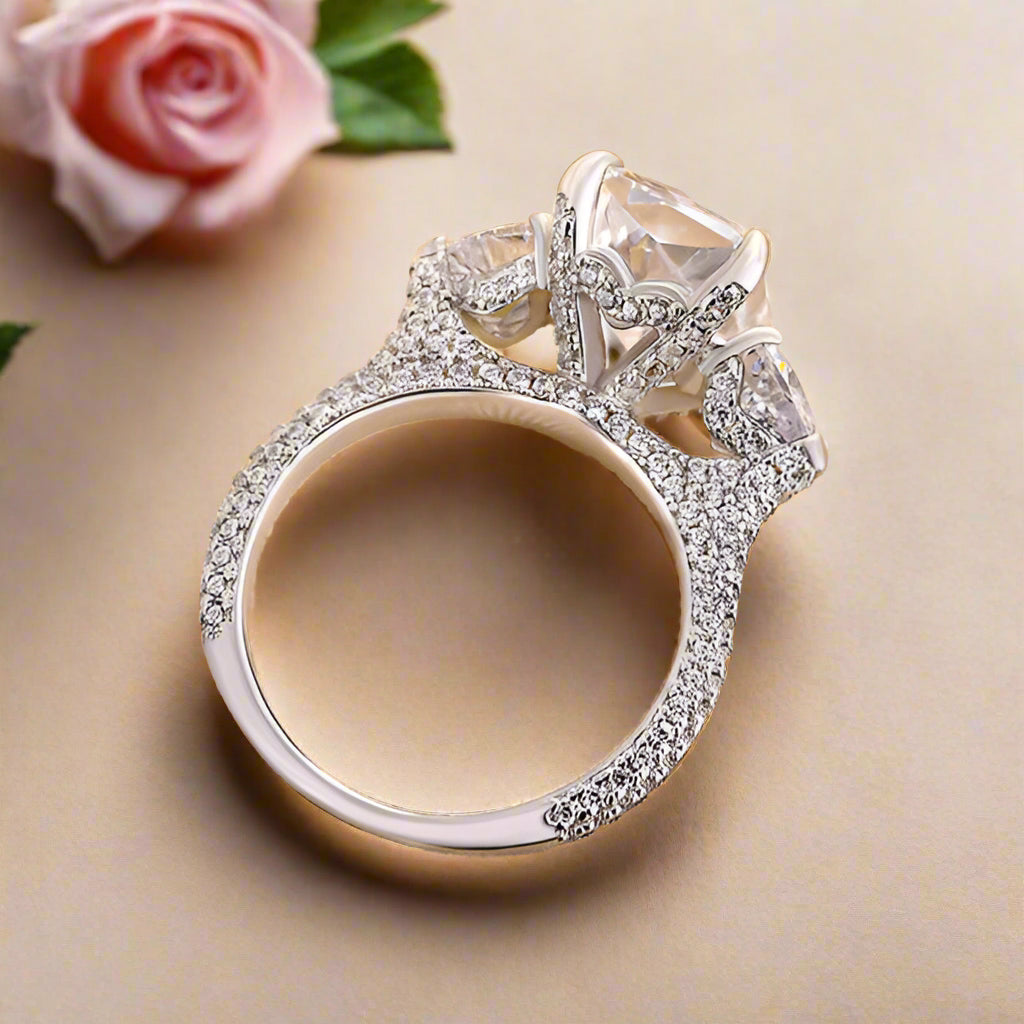 Radiant Cut & Heart Cut 3.0ct Diamond Three Stone Engagement Ring-Evani Naomi Jewelry